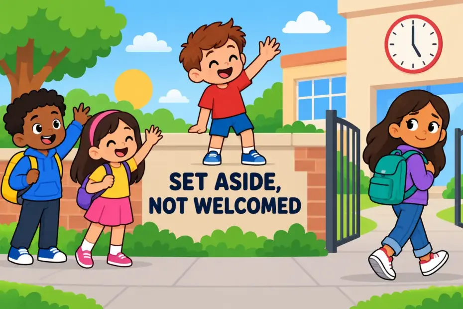 Cartoon pupils watch a child wave off a classmate at the school gate, showing wave off in a sentence as a friendly goodbye.