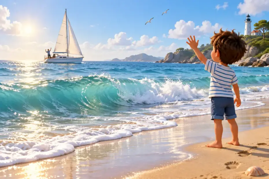 A child waves to a sailboat as a gentle ocean wave reaches the beach.