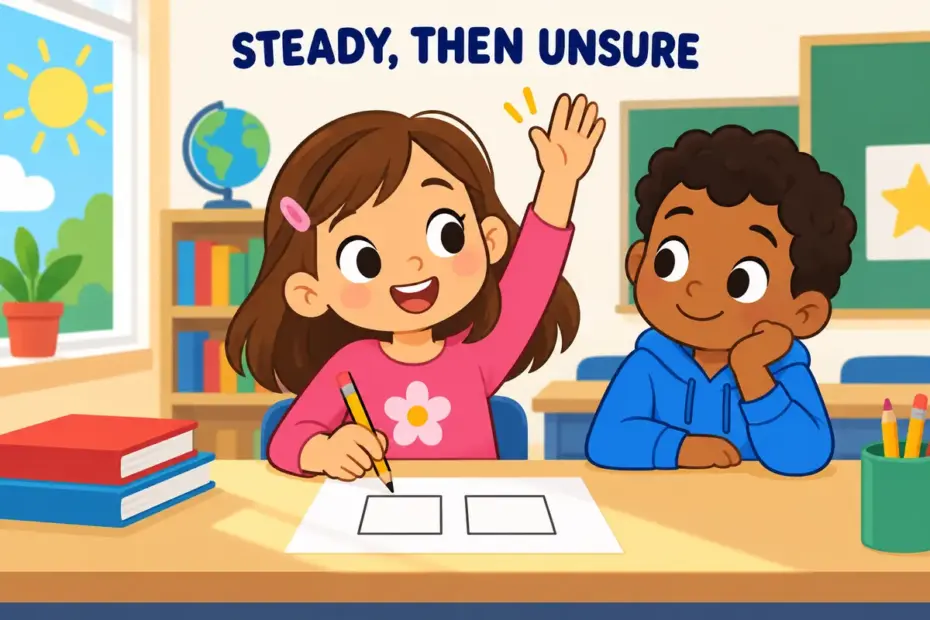 Cartoon pupil pauses with a raised hand, showing waver in a sentence as a moment of unsteady decision.