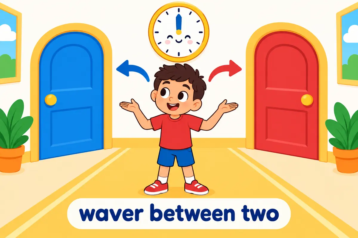 A cartoon child stands between two doors, showing the waver between pattern for choices.