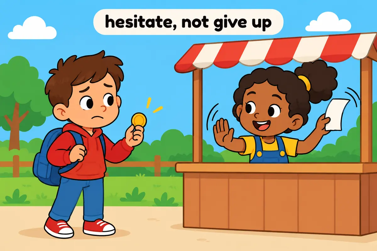 A cartoon child holds a coin for a fee while another waves a slip away, contrasting the verbs waver and waive.