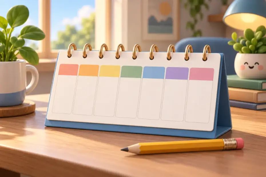 A desk calendar with seven blank boxes rests beside a pencil.