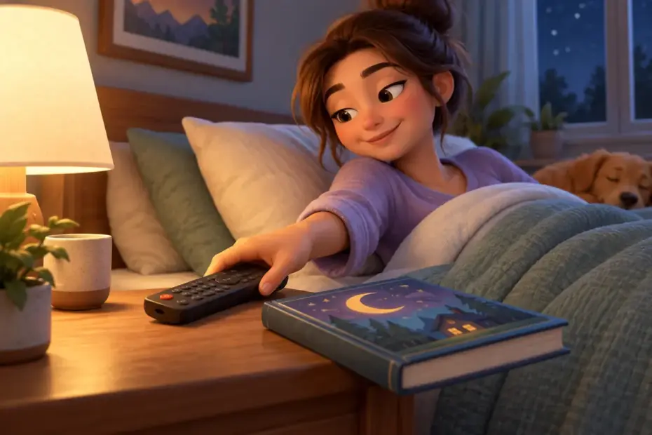 A person setting aside a remote beside a bedtime book.