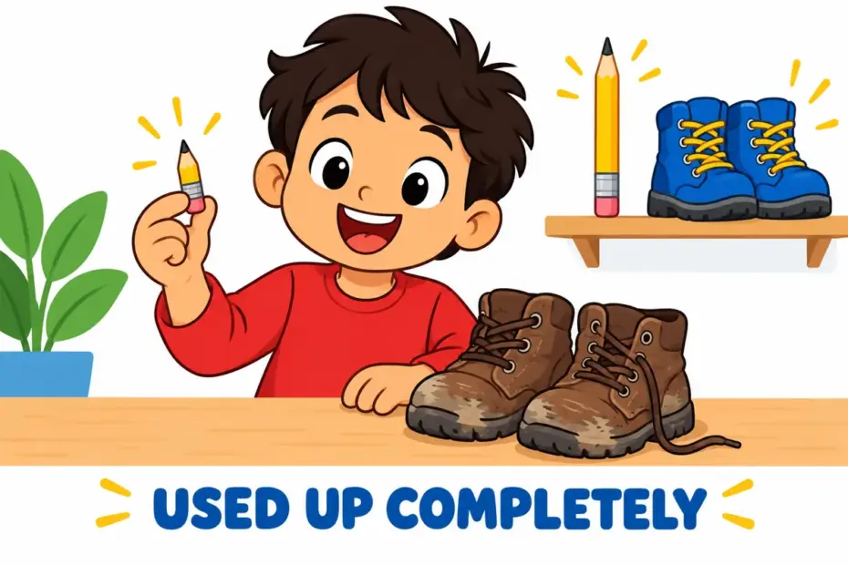 Cartoon boots and a pencil are shown smoothed and shortened by use, illustrating wear out in a sentence as becoming unusable.