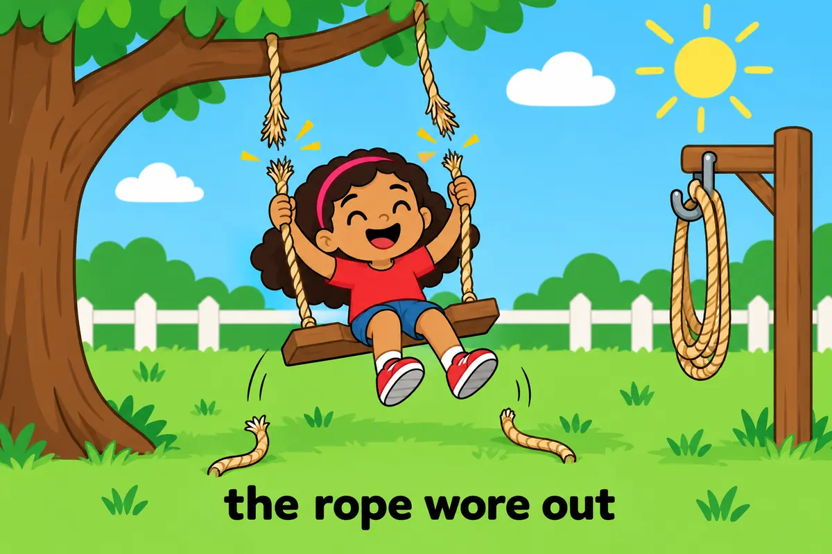 A cartoon pencil and pair of boots are shown smoothing down to stubs and tatters, showing wear out as becoming unusable through long use.