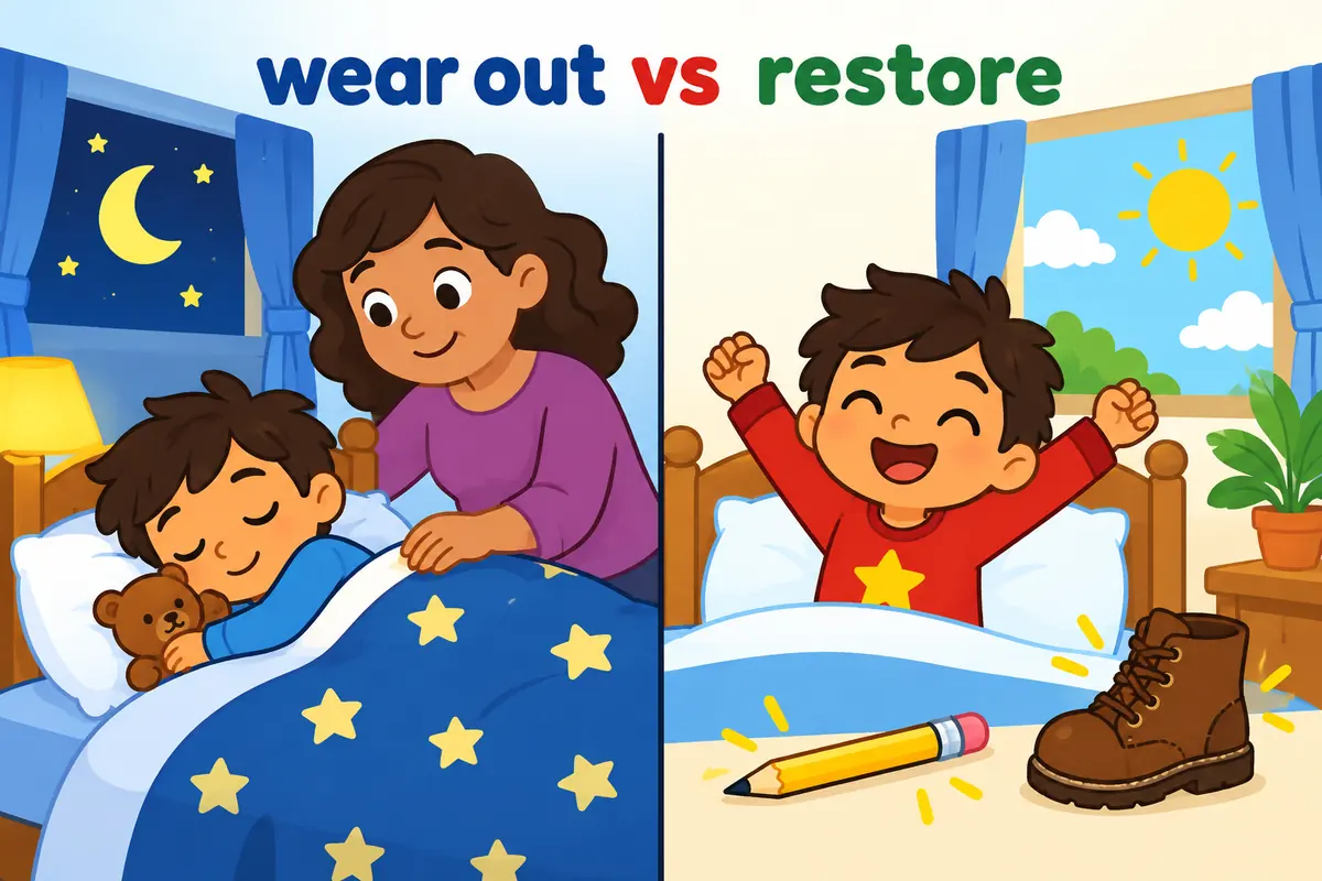 A cartoon split scene contrasts a tired child being tucked into bed with a fresh new pencil, contrasting wear out with restore.