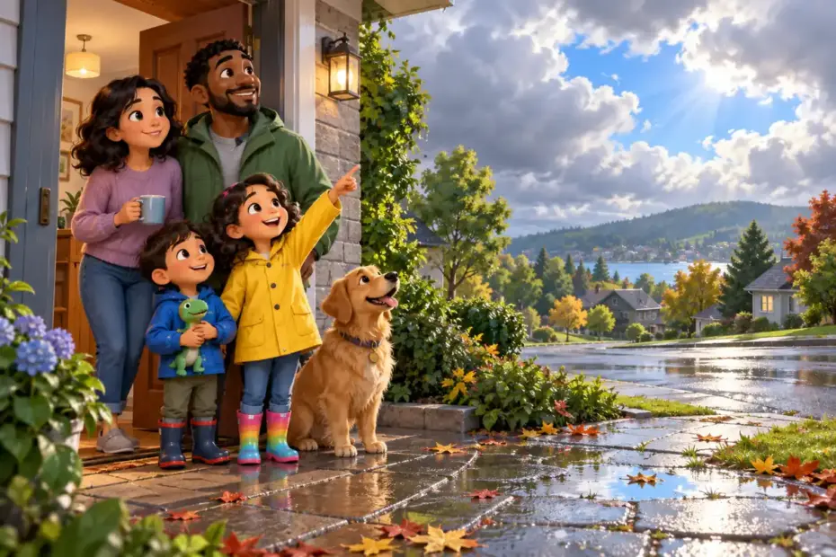 A family looks at the clearing sky after a rain shower before heading outside.