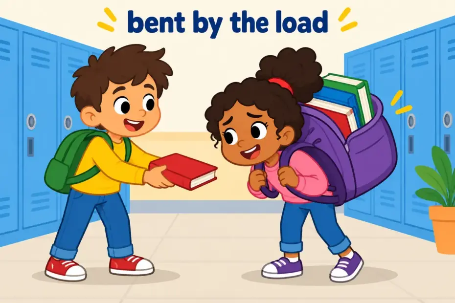 Cartoon child bends under a huge backpack beside a pile of books, showing weigh down in a sentence as a burden.