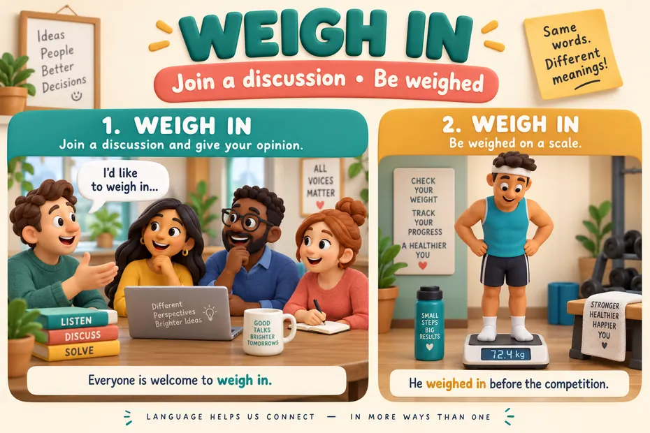 Weigh in means join a discussion or have weight measured.