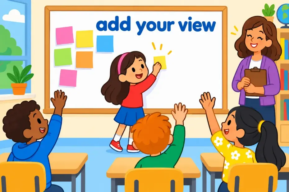 Cartoon children raise hands and add notes to a board, showing weigh in in a sentence as joining a discussion.