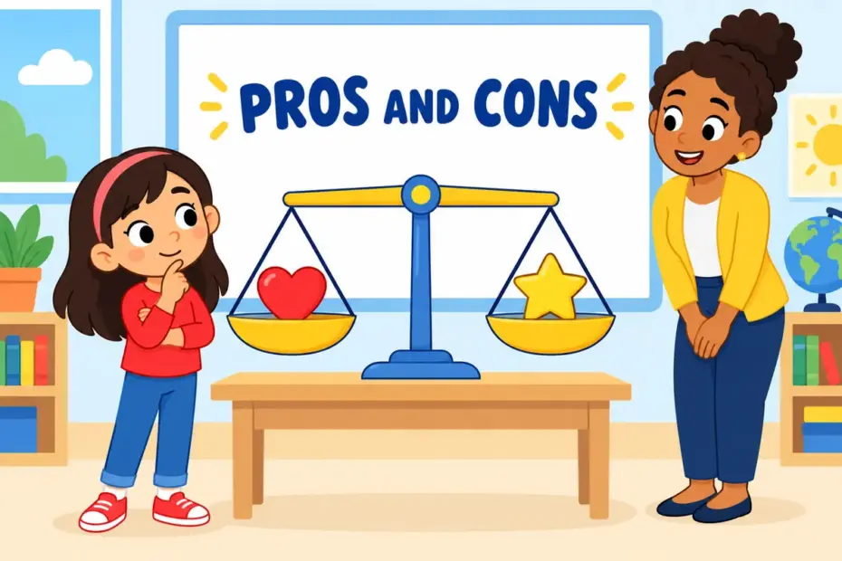 A cartoon child balances two bowls of ideas on a seesaw scale, showing weigh up in a sentence as comparing options before choosing.