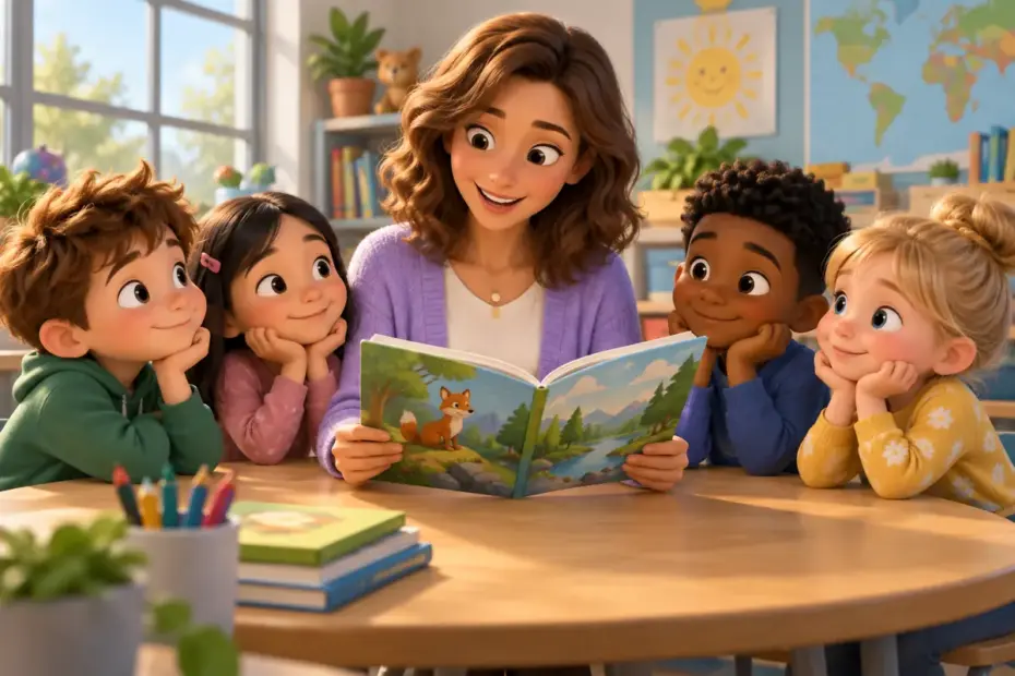 A teacher reads with a small group at a classroom table.