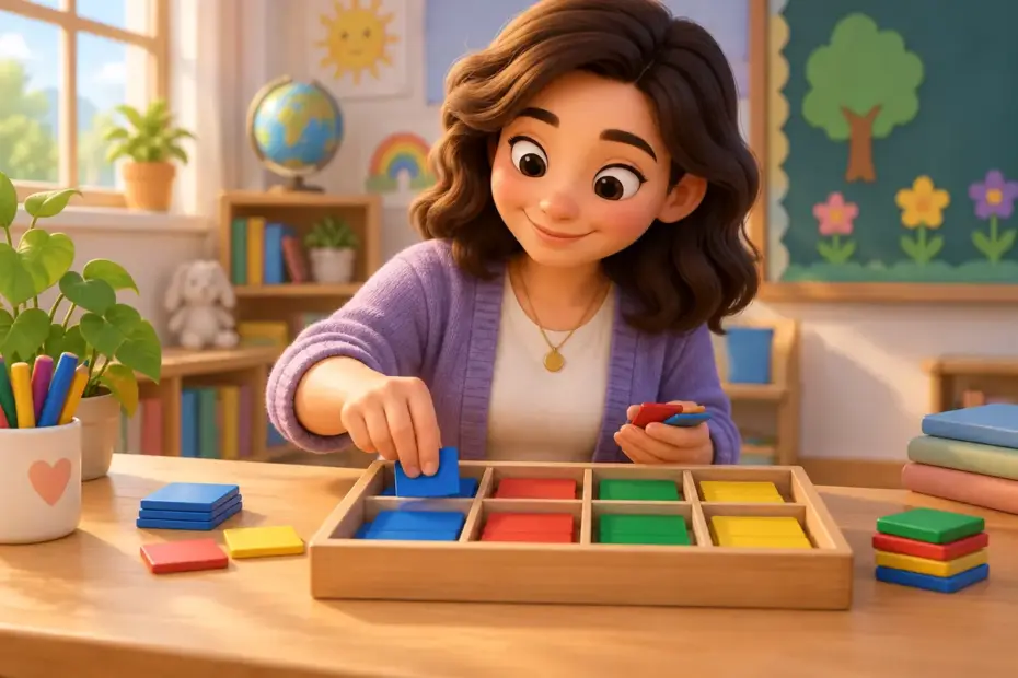 A teacher arranges colored tiles in a sound-box tray.