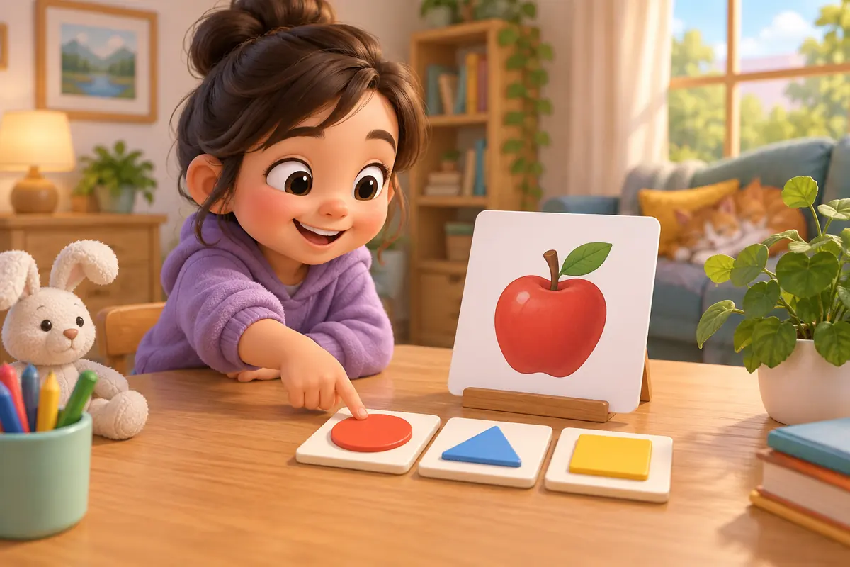 A child points to tiles beside a picture card.