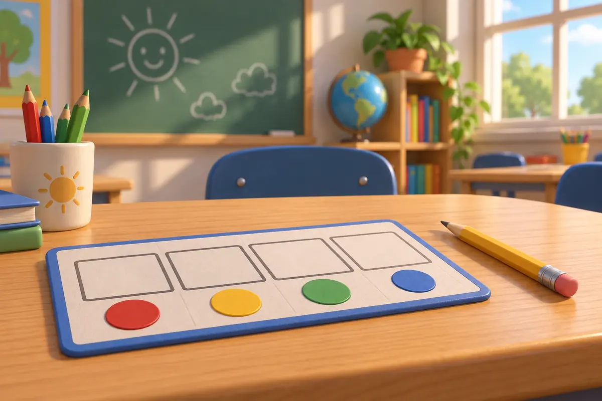 A pencil and sound-box mat sit on a classroom table.