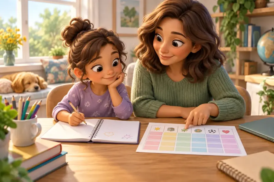 A parent and child calmly review a homeschool notebook and a flexible weekly learning plan.
