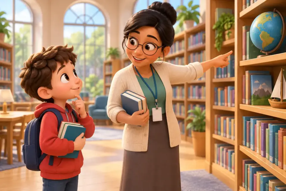 A librarian points a student toward a book shelf.