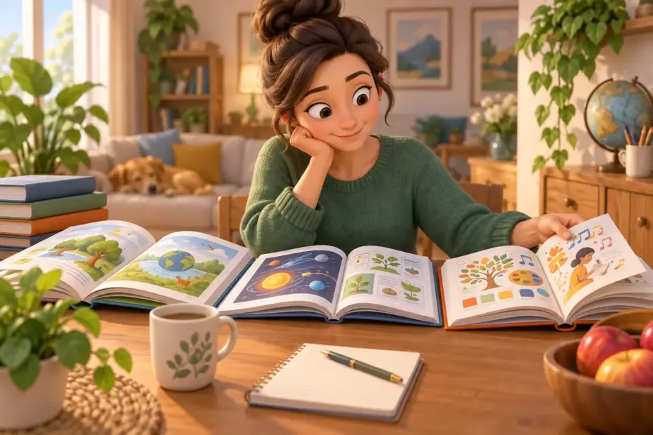 A parent compares open curriculum books at a table.