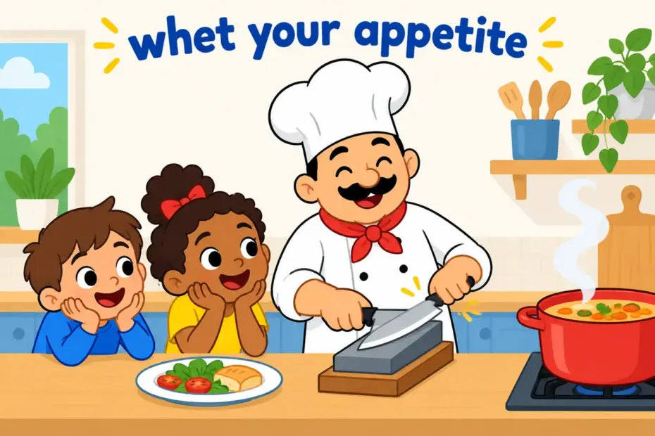Cartoon children watching a chef sharpen a knife as soup steams, showing whet in a sentence.