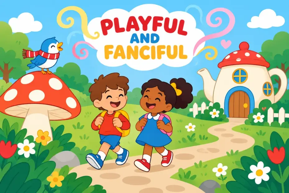 Cartoon children explore a fanciful garden with a teapot-shaped house, showing whimsical in a sentence as playful imagination.