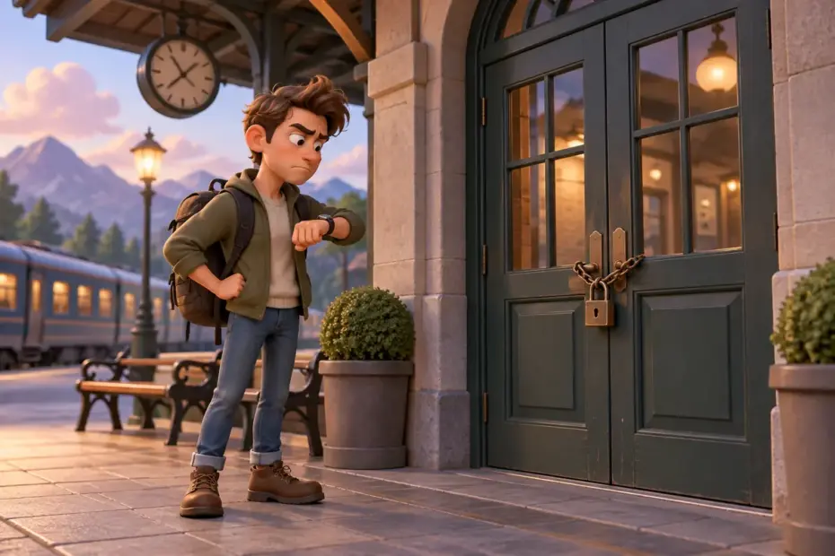 A traveler looking at a closed station door.