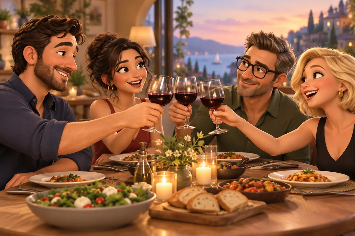 Adults at a dinner table with wine glasses.