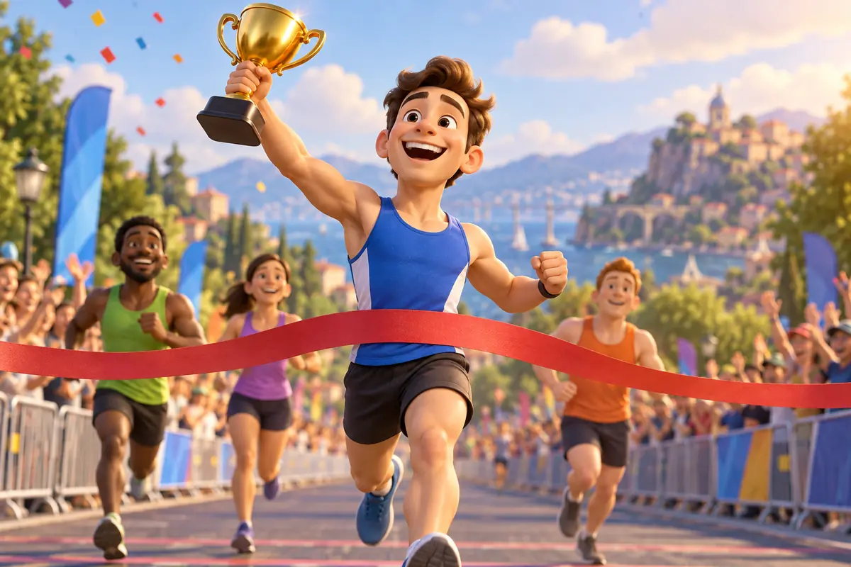 A runner holding a trophy at the finish line.