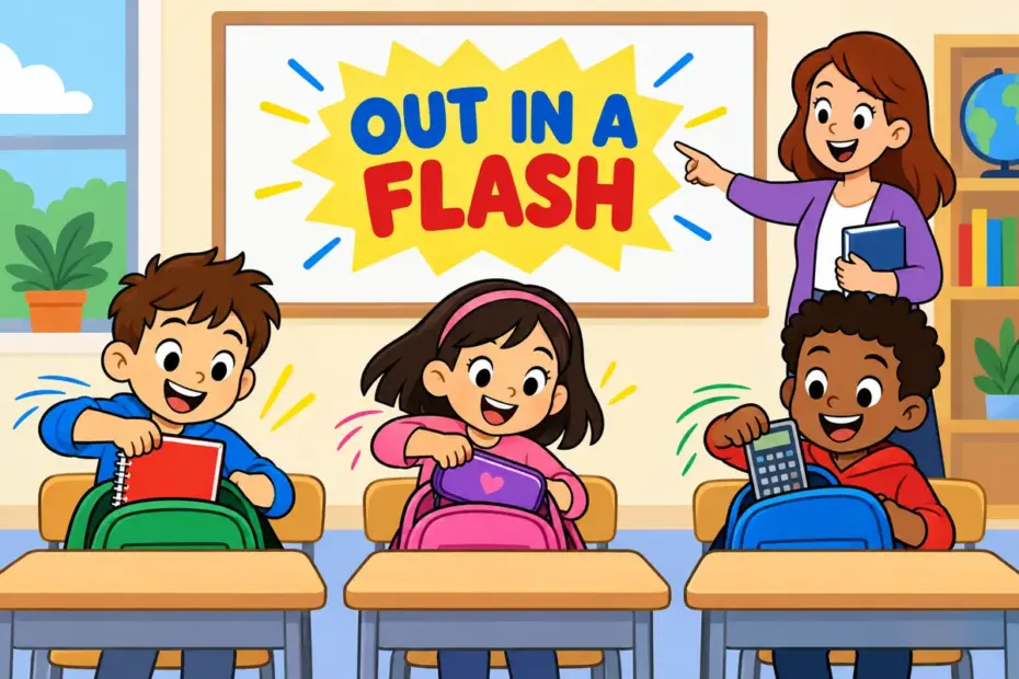 Cartoon pupils whip out notebooks and pencils the moment a teacher announces a surprise quiz.