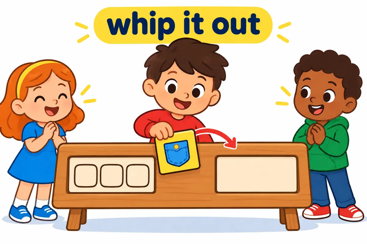 A cartoon child pulls a small item from a bag in one fast motion, showing whip out in a sentence as a quick grab.