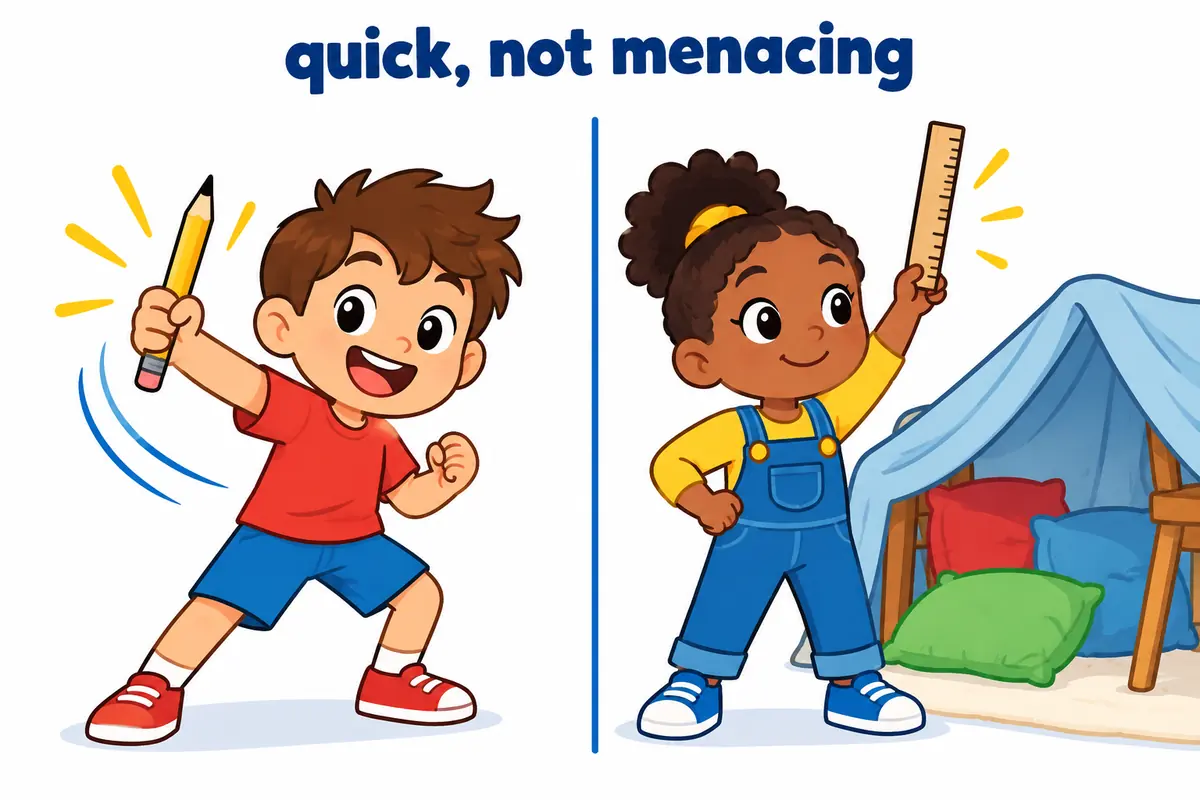 A cartoon child whips out a pencil in a flash on one side, while a scowling child waves a ruler to scare others on the other.