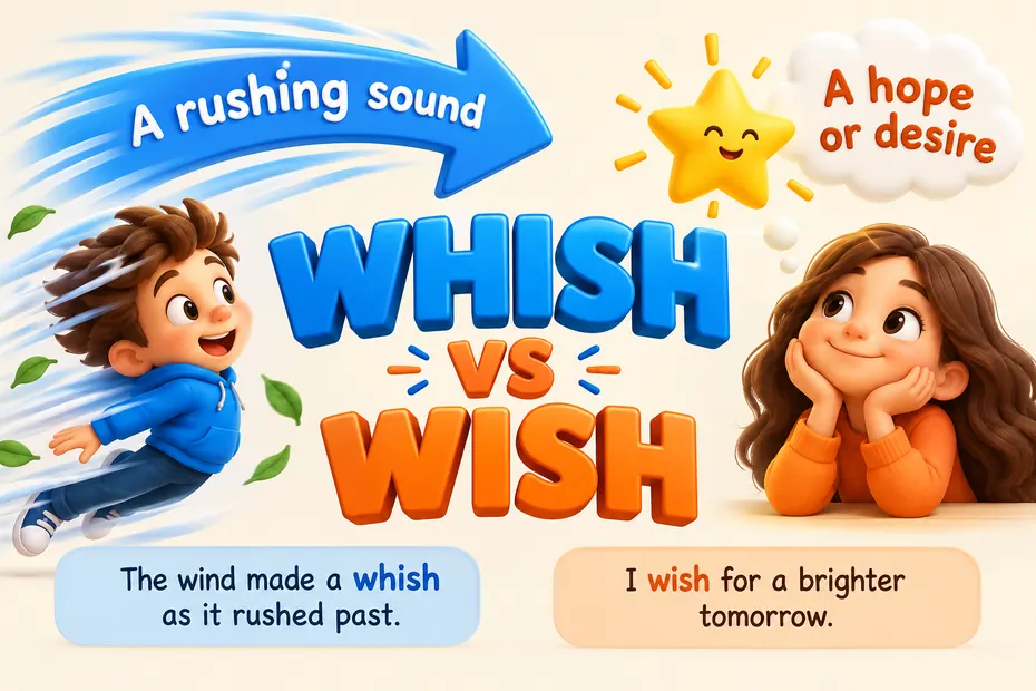 Whish describes a rushing sound; wish describes hope or desire.