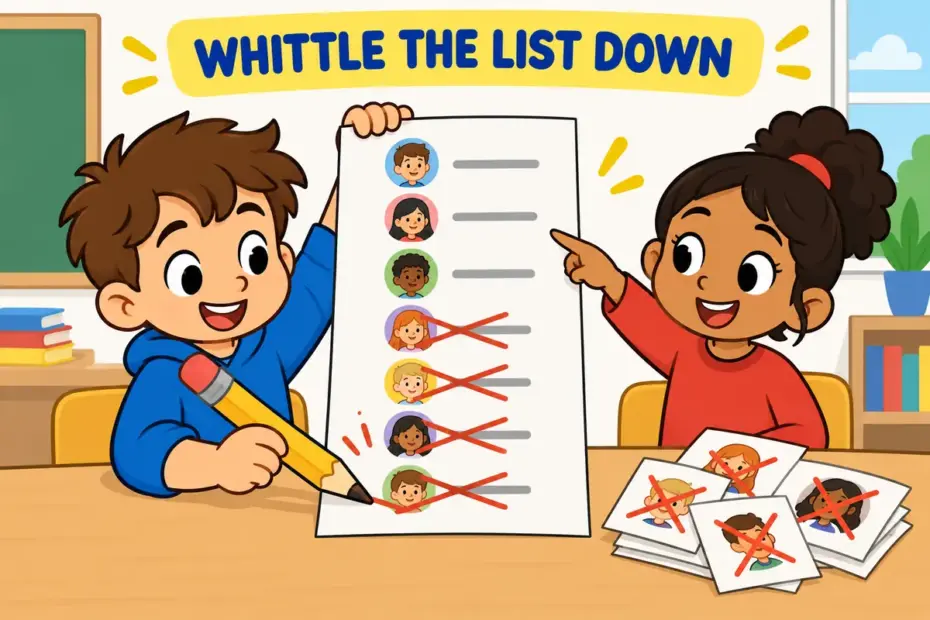 Cartoon children cross weak entries off a tall list one by one, showing whittle down in a sentence.