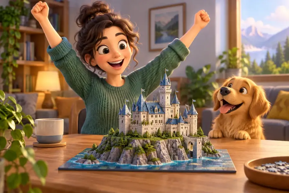 A person raises both arms beside a completed model puzzle.