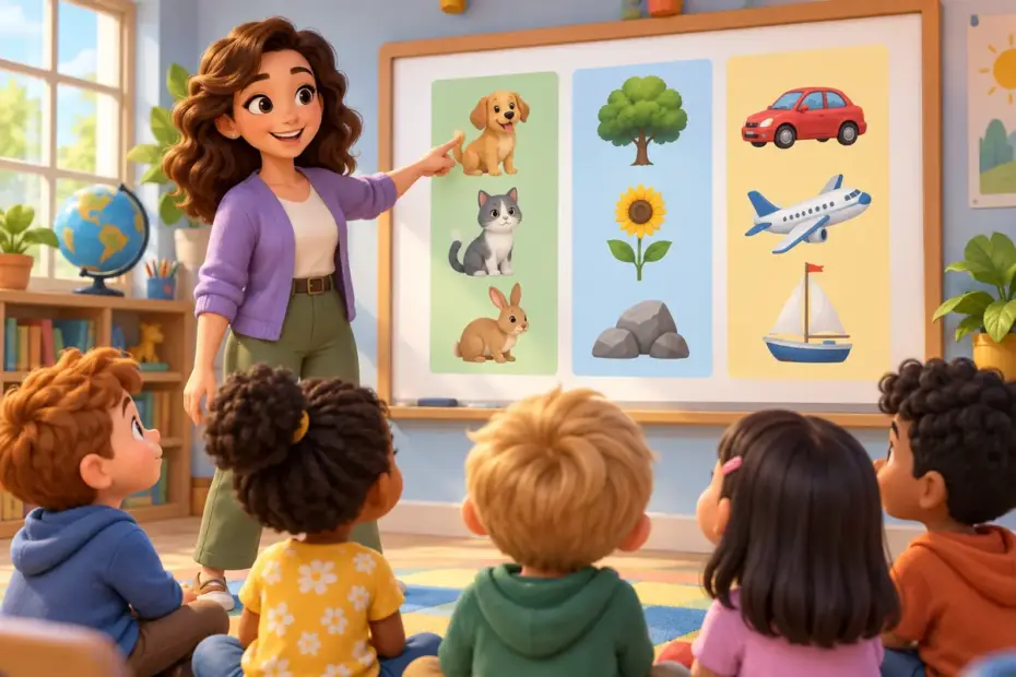 A teacher points to grouped cards on a classroom display.