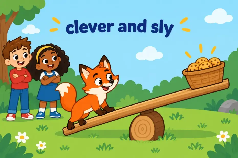 Cartoon children watch a crafty fox reach a biscuit by tipping a seesaw, showing wily in a sentence.