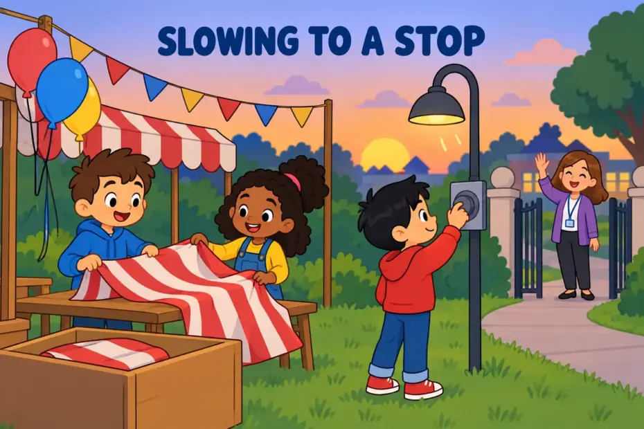 Cartoon children close a school fair at dusk as the lights dim, showing wind down in a sentence as a gentle ending.