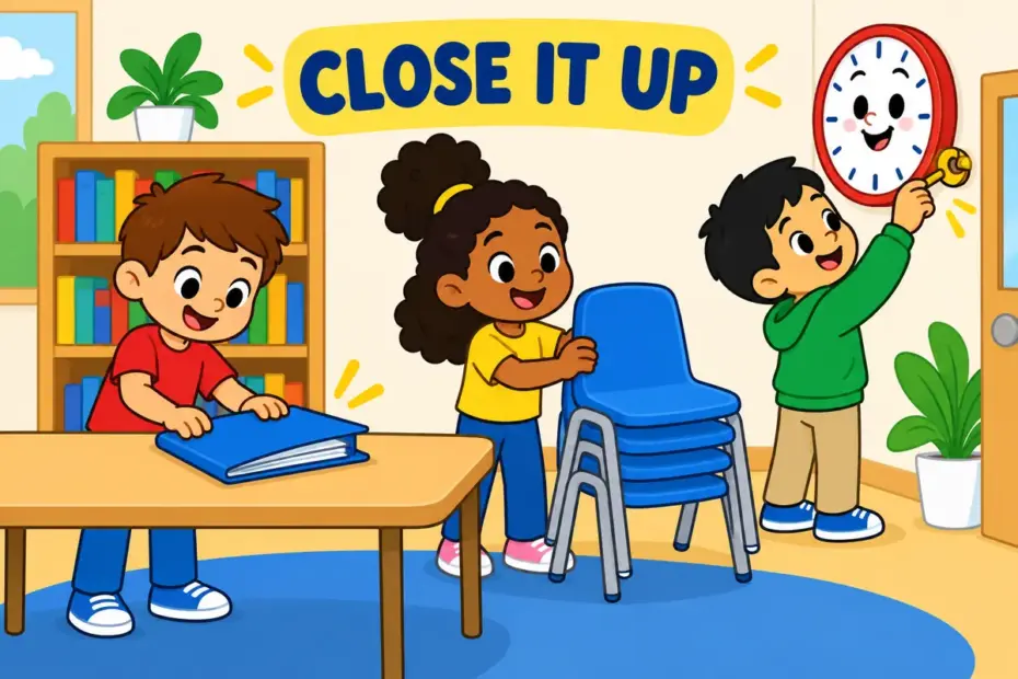 Cartoon children close a meeting folder as a wall clock is wound, showing wind up in a sentence as ending something.
