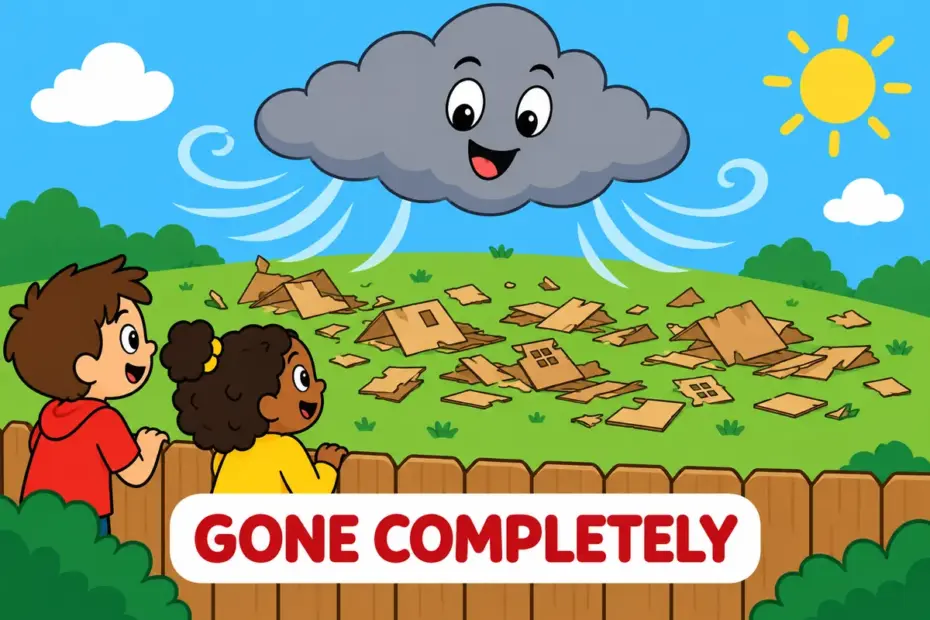 A cartoon storm flattens a row of cardboard houses, showing wipe out in a sentence as total destruction.