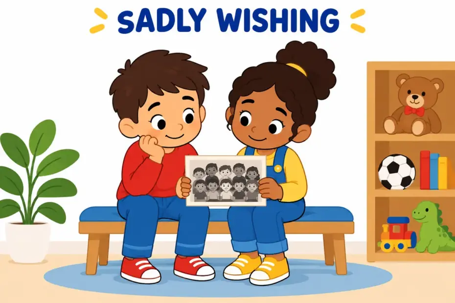 Cartoon children look at an old class photo with soft smiles, showing wistful in a sentence as gentle longing.