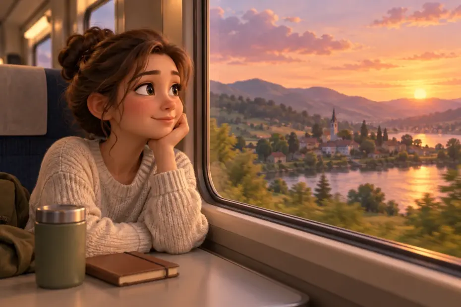 A traveler gazes thoughtfully through a train window at a familiar landscape.