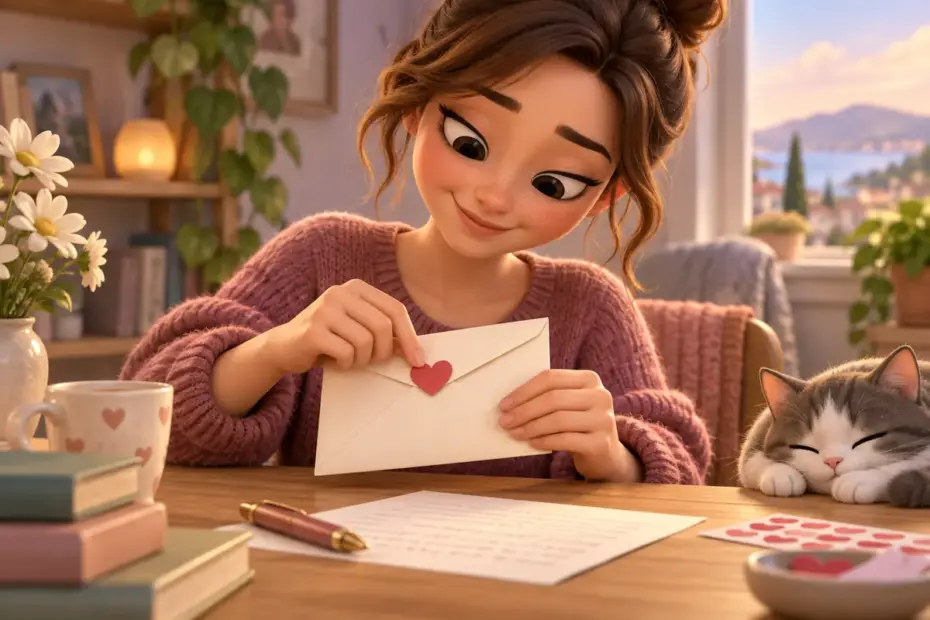 A person seals a letter envelope with a small heart-shaped sticker.