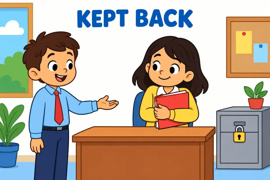 A cartoon clerk hugs a folder to keep it back, showing withhold in a sentence as refusing to hand something over.