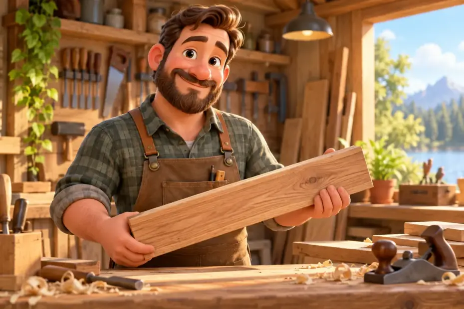 A carpenter holding a wooden board at a workbench.