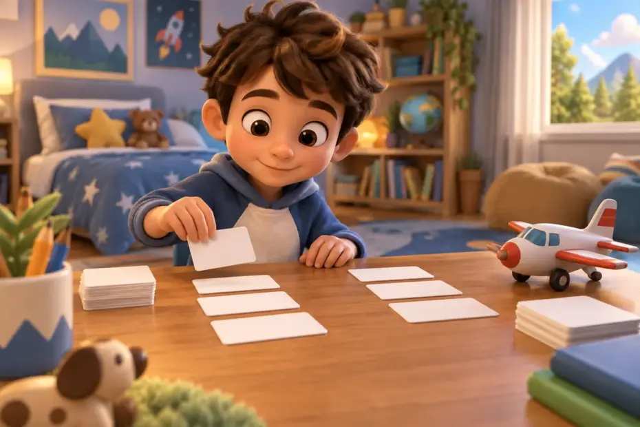 A child sorts blank word cards beside a toy airplane.