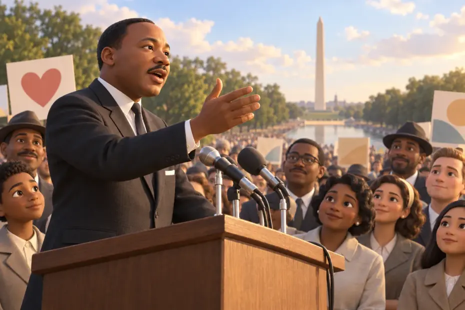 Martin Luther King Jr. speaks at a peaceful civil rights gathering as listeners hold hands and signs with no readable text.