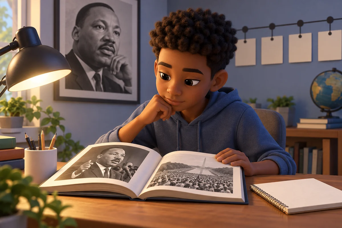 A student reads a historical speech beside a notebook and a small timeline of the civil rights era.