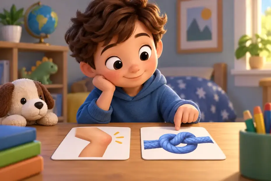 A child studies picture cards showing a knee and a knot.