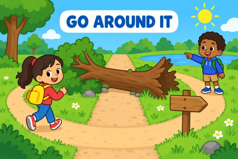 Cartoon child walks a curving path around a fallen tree that blocks a road, showing work around in a sentence.