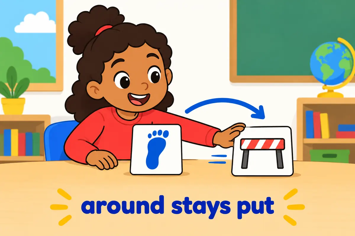 A cartoon child keeps the word around attached to the verb while a barrier card stays in front of the object card.