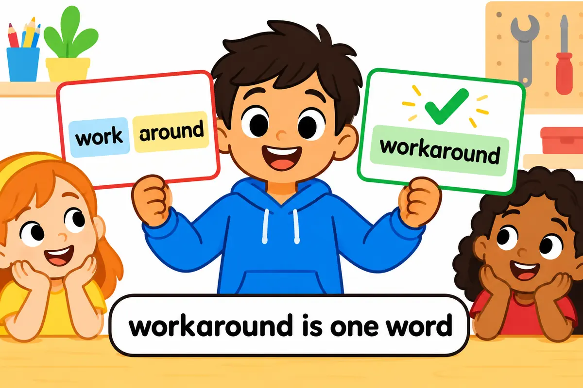 A cartoon sign contrasts the two-word verb phrase with the single-word noun workaround in a tidy workshop.